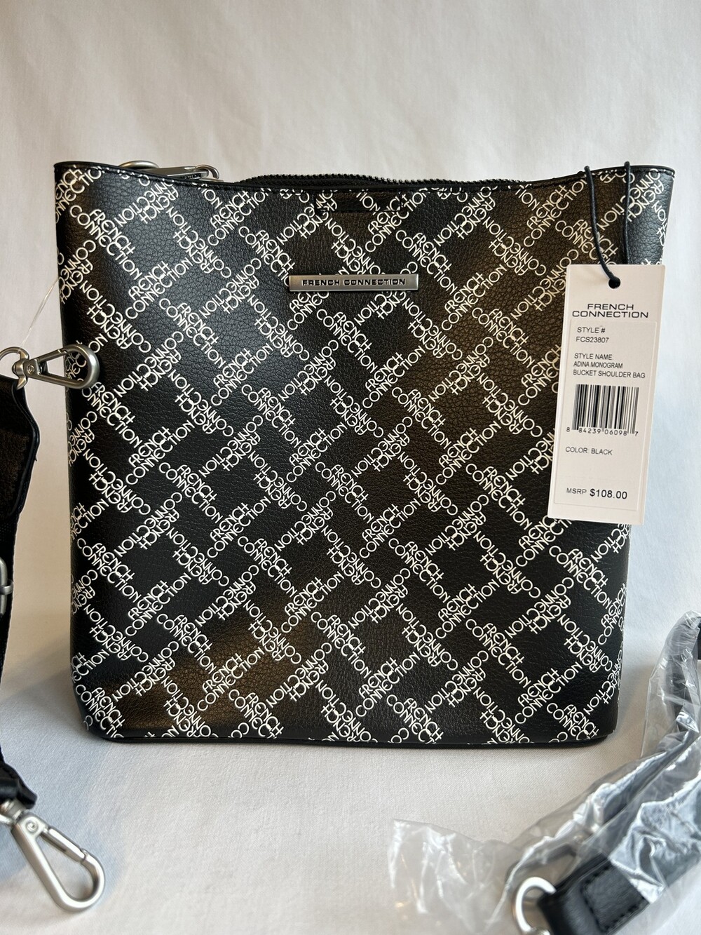 French Connection Bucket Shoulder Bag Black Adina Monogram Logo Purse
